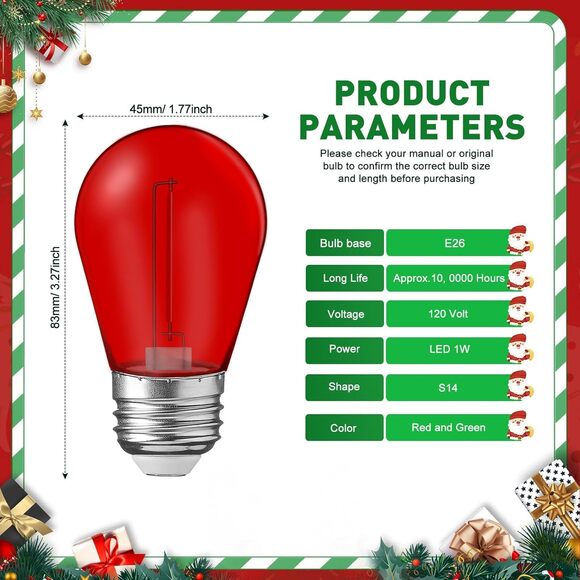 48pcs Christmas LED Bulbs Red & Green S14 E26 Waterproof 1W Outdoor Lights - Picture 3 of 8